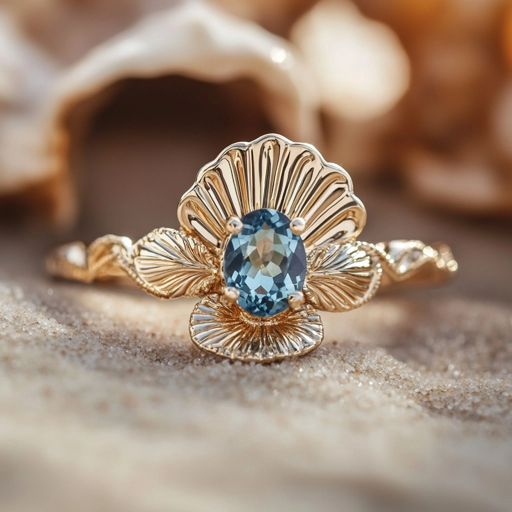 Bague en Cristal Bleu Océan avec Coquillage en Or