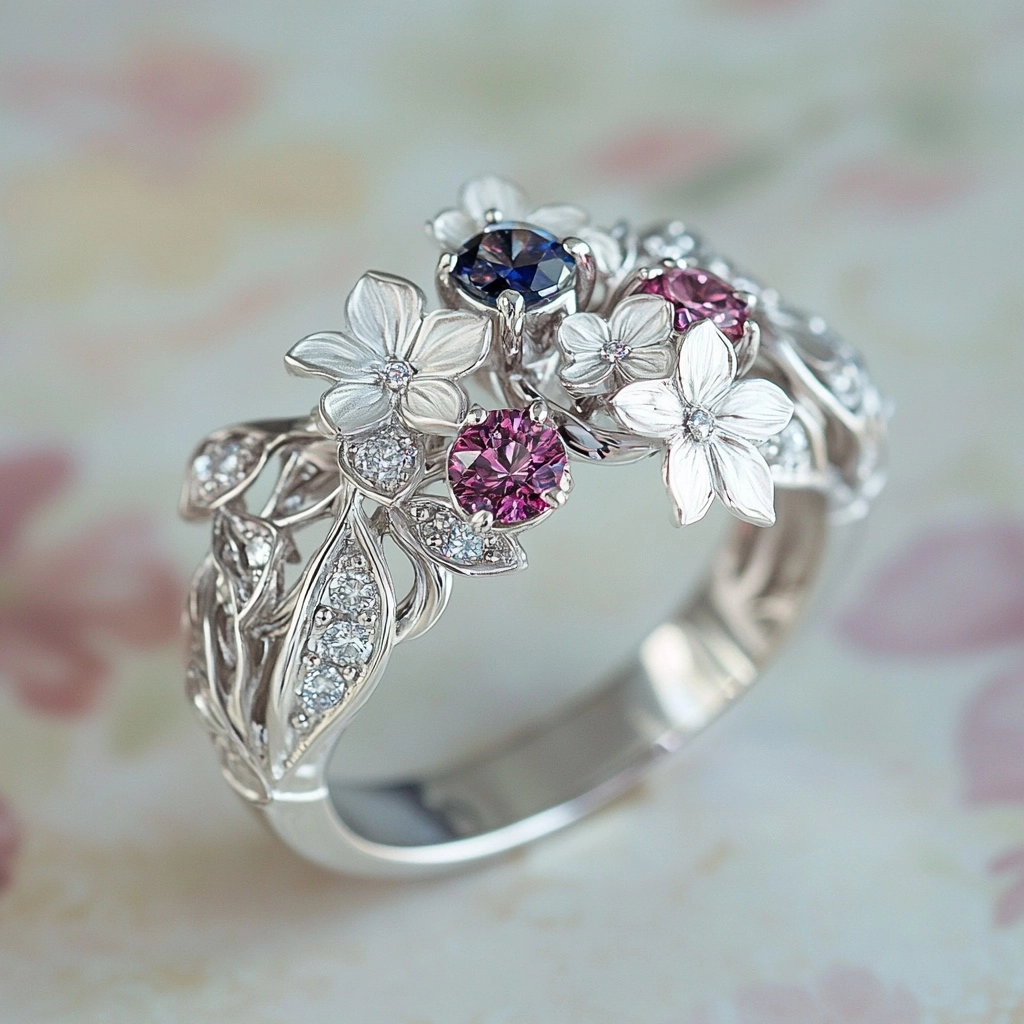 Bague en cristal rouge et bleu floral argenté