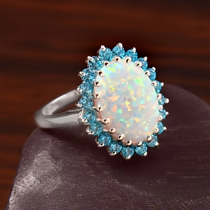 Bague en Opale Ronde Bleue et Blanche