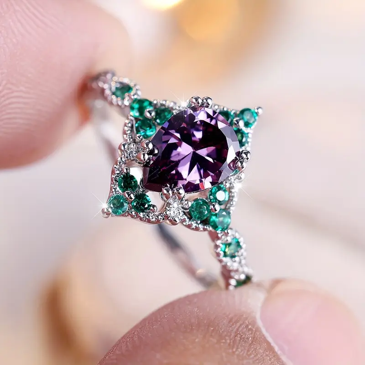 Bague en Argent avec Zirconia Ronde Verte et Violette
