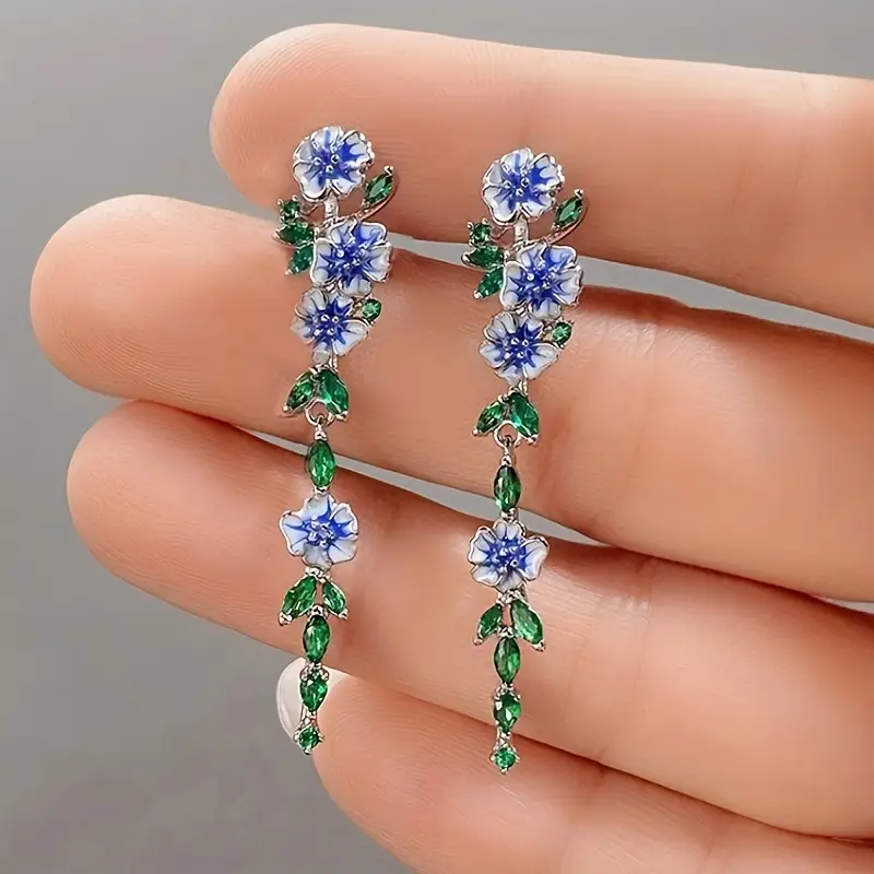 Boucles d'oreilles florales pendantes bleues et vertes