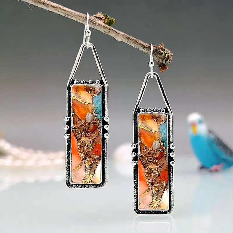 Boucles d'oreilles en argent avec pierres colorées rectangulaires