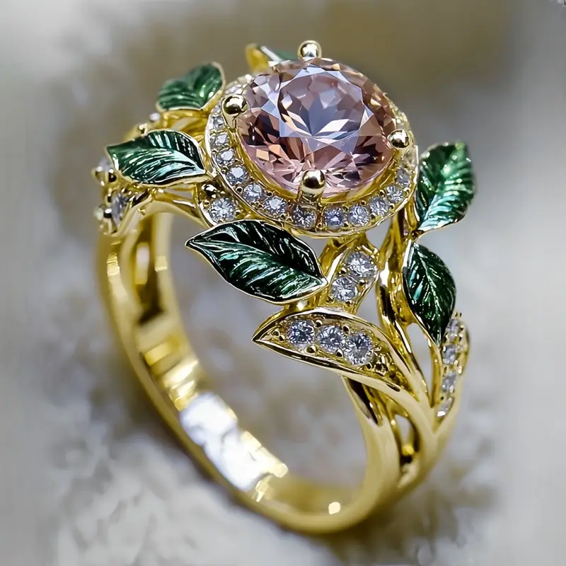 Bague en Or Zirconia Feuille Verte et Rose