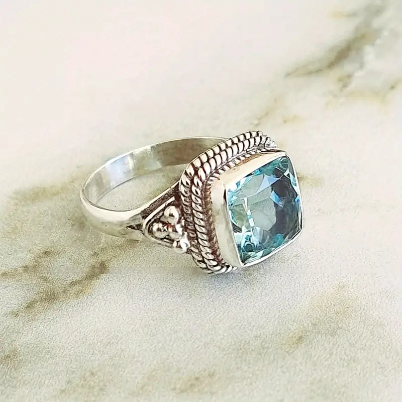 Bague en Verre Trempé Bleu Ciel Argent
