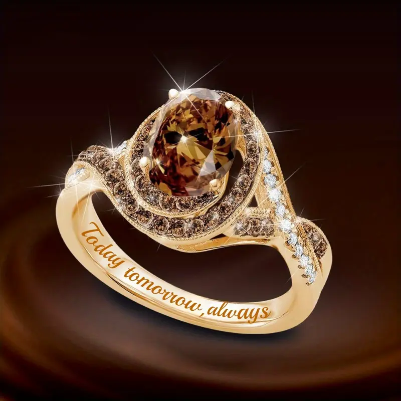 Bague Dorée en Verre Orange Zirconia Ovale Arrondie