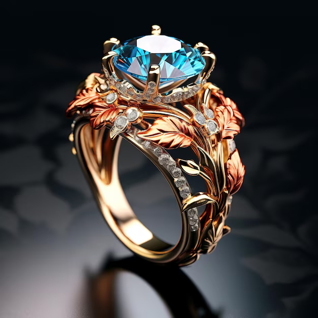 Bague en Zirconia Bleu avec Feuille d'Or Exotique