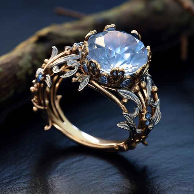Bague dorée en verre bleu exotique