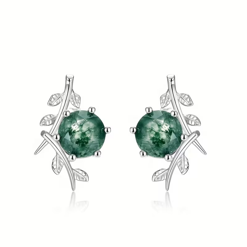 Boucles d'oreilles en argent avec feuilles de mousse agate