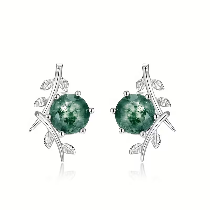 Boucles d'oreilles en argent avec feuilles de mousse agate