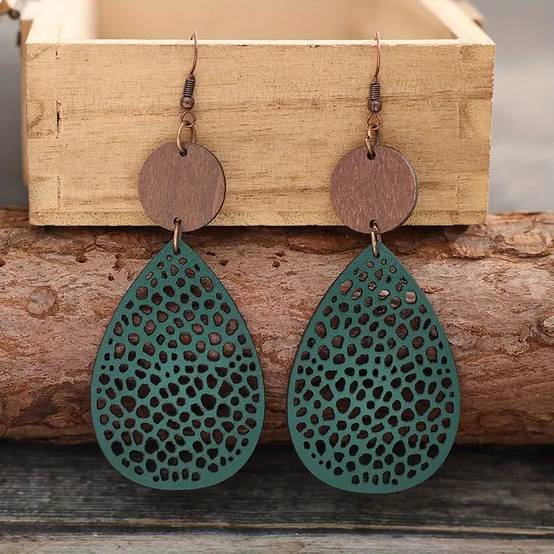 Boucles d'oreilles pendantes creuses vert vintage