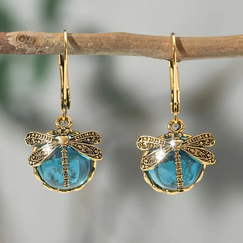 Boucles d'oreilles en cristal vintage libellule bleue
