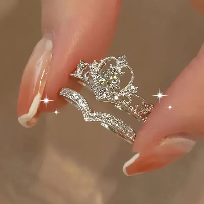 Ensemble de Bagues en Argent avec Couronne Brillante | Or Blanc