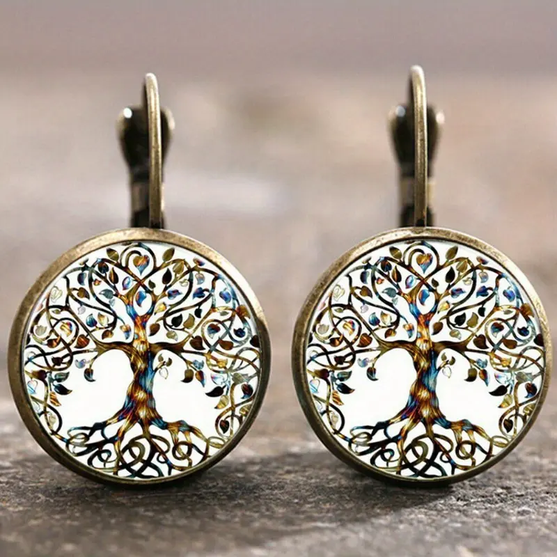 Boucles d'oreilles vintage blanches en forme d'arbre de vie