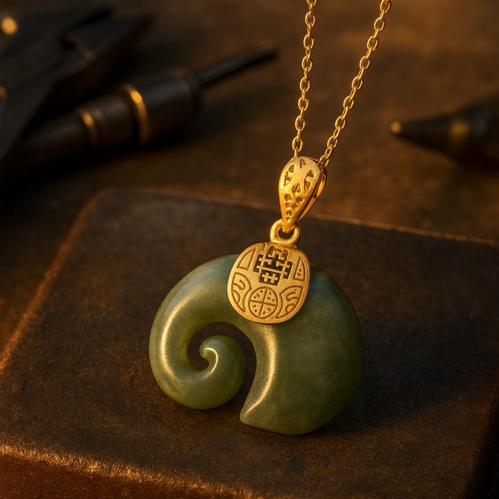 Pendentif Éléphant en Jade Hetian – Chaîne Plaquée Or 18K pour Femmes