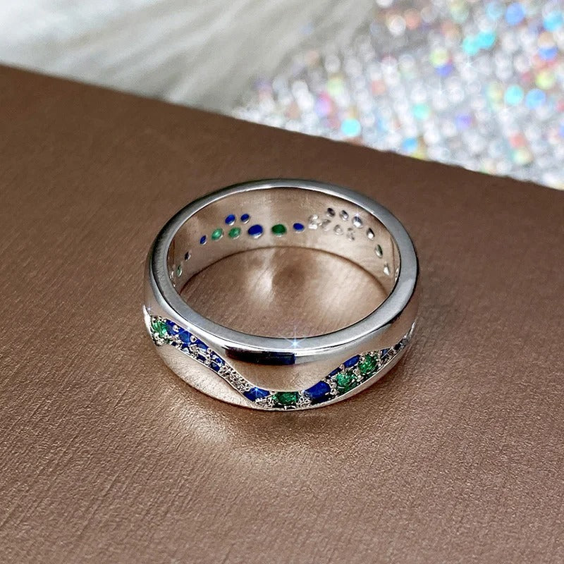 Bague Vague en Argent Vintage avec Pierre Bleue et Verte