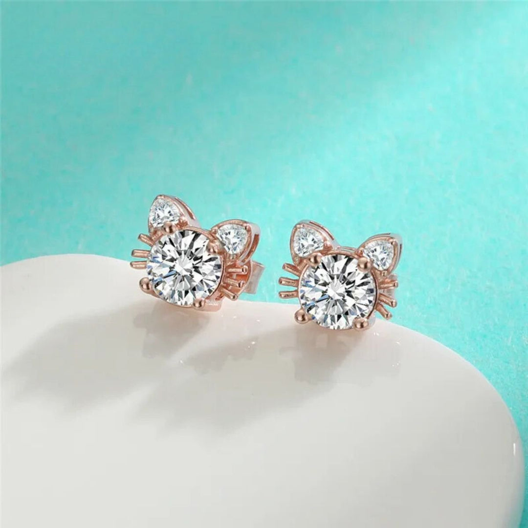 Boucles d'oreilles en forme de chat en moissanite or rose en argent sterling 925