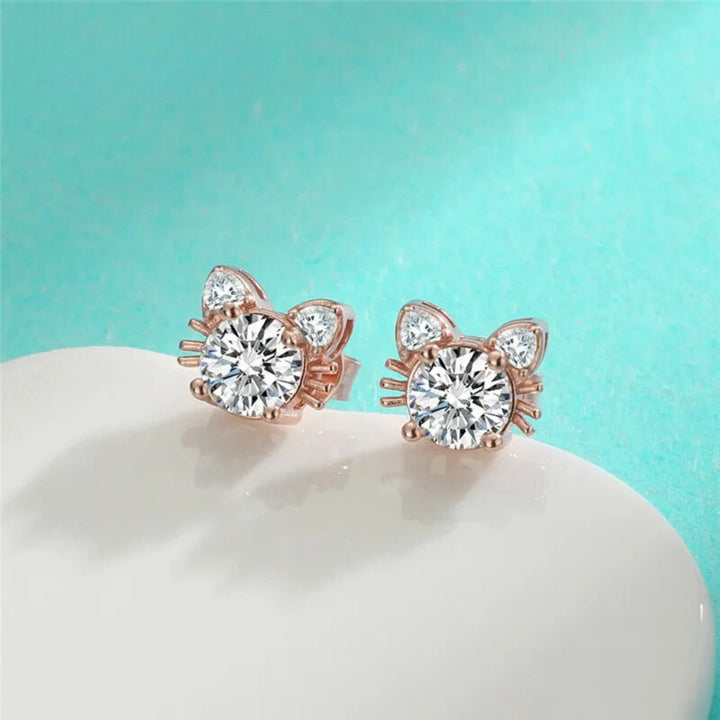 Boucles d'oreilles en forme de chat en moissanite or rose en argent sterling 925