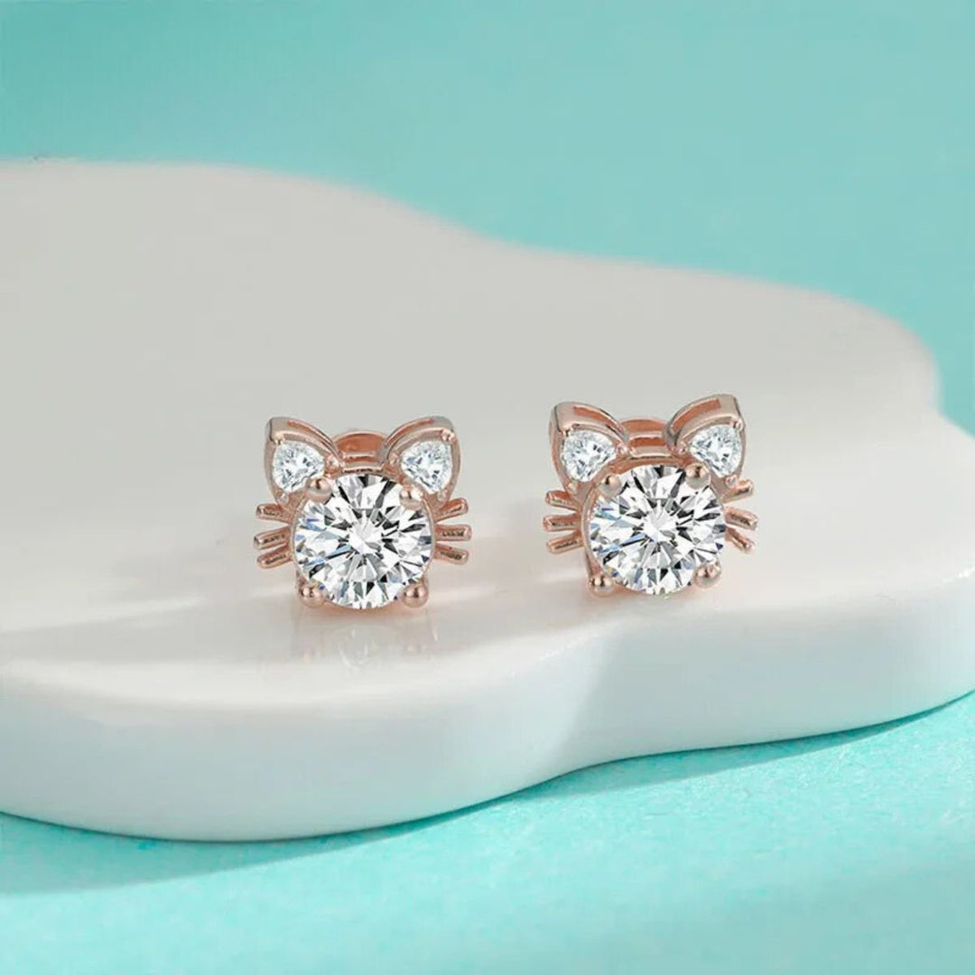 Boucles d'oreilles en forme de chat en moissanite et or rose en argent sterling 925