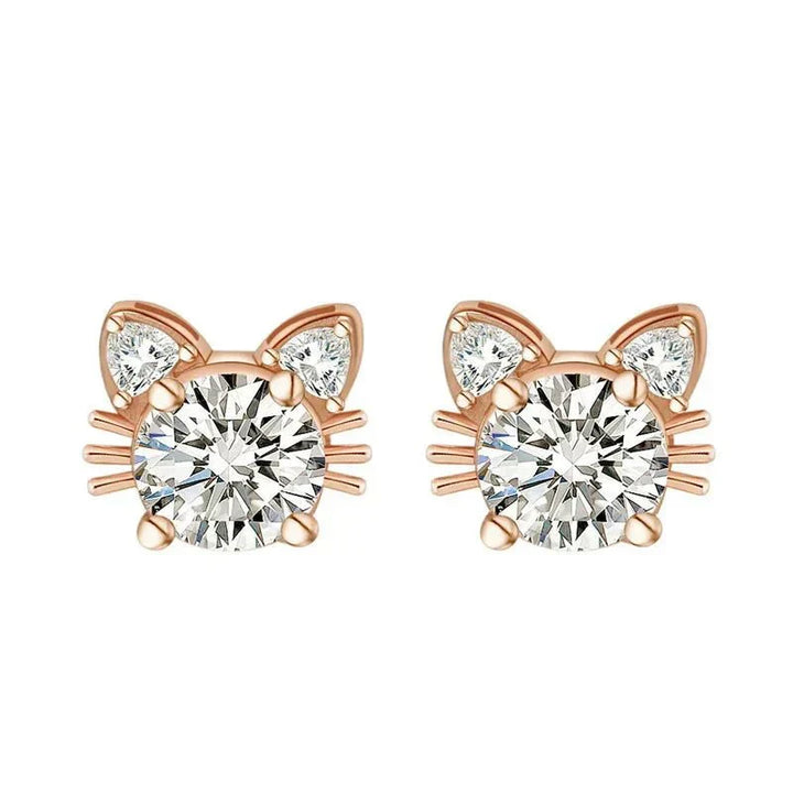 Boucles d'oreilles en forme de chat en moissanite or rose en argent sterling 925