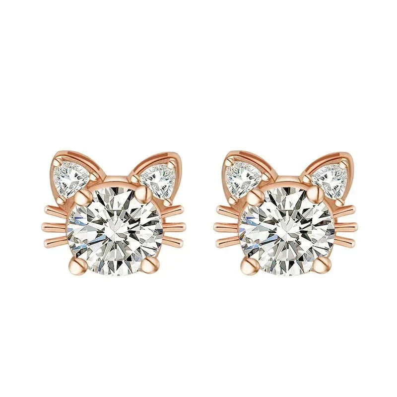 Boucles d'oreilles en argent sterling 925 en or rose Moissanite en forme de chat