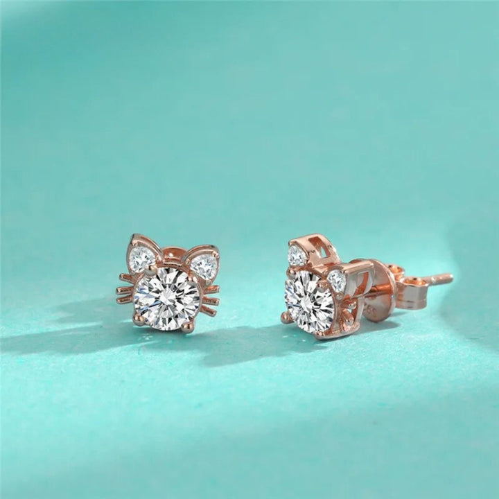 Boucles d'oreilles en forme de chat en moissanite et or rose en argent sterling 925