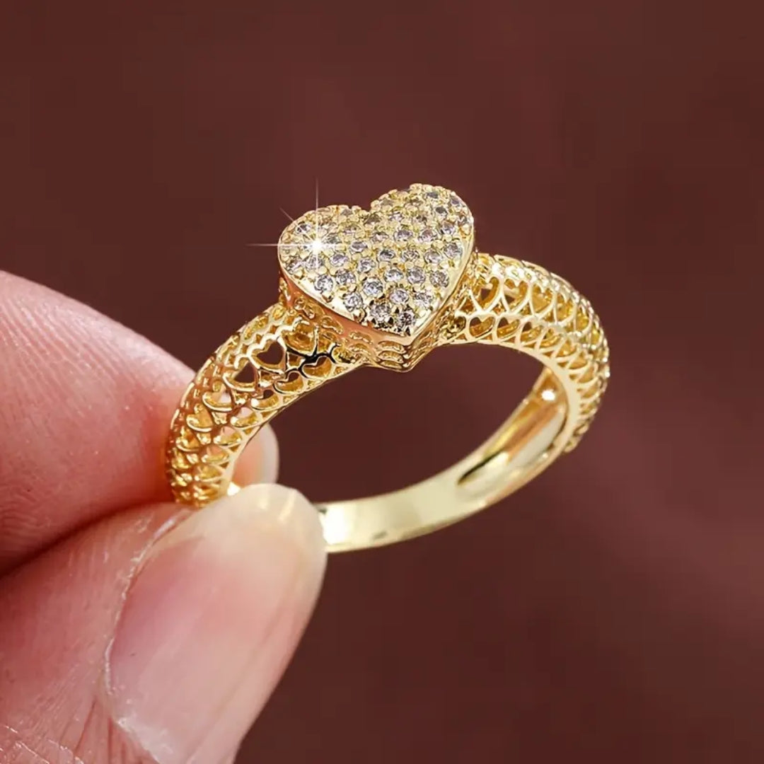 Bague en Maille Dorée de Cœur en Zirconium