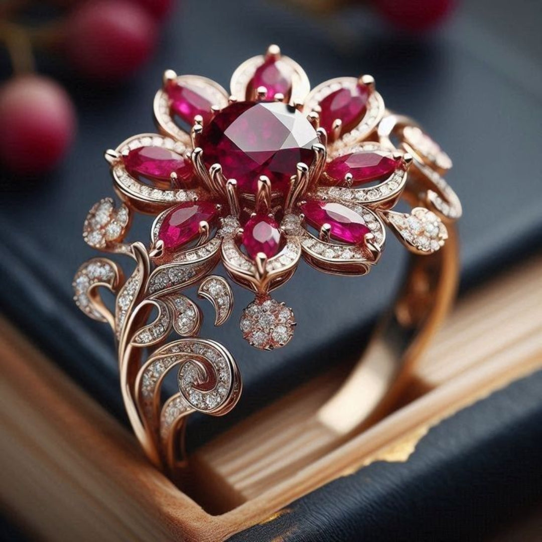 Bague en Or avec Fleurs Rouges Exotiques