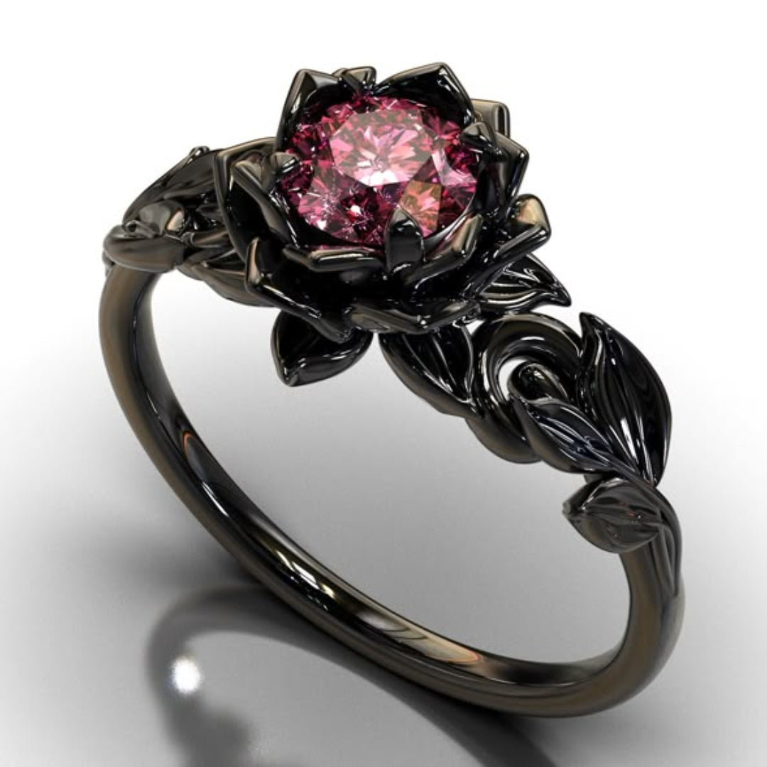 Bague Noire Fleur de Cristal Rouge Exotique