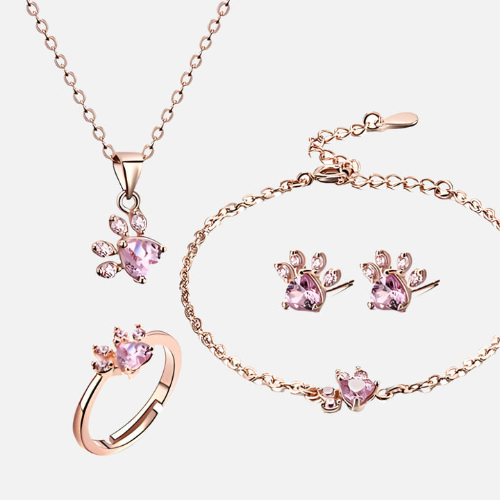 Ensemble de Bijoux Pattes en Or Rose – 4 Pièces avec Cœur en Zirconium (Bague, Collier, Boucles d'Oreilles, Bracelet)