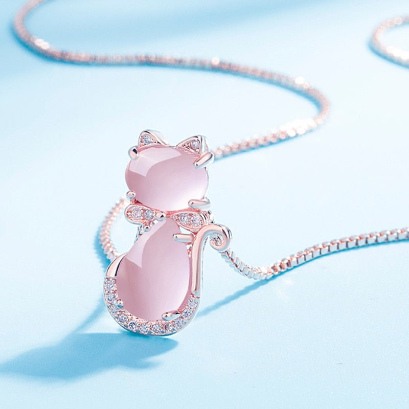 Collier de chat mignon en pierre rose avec zircon