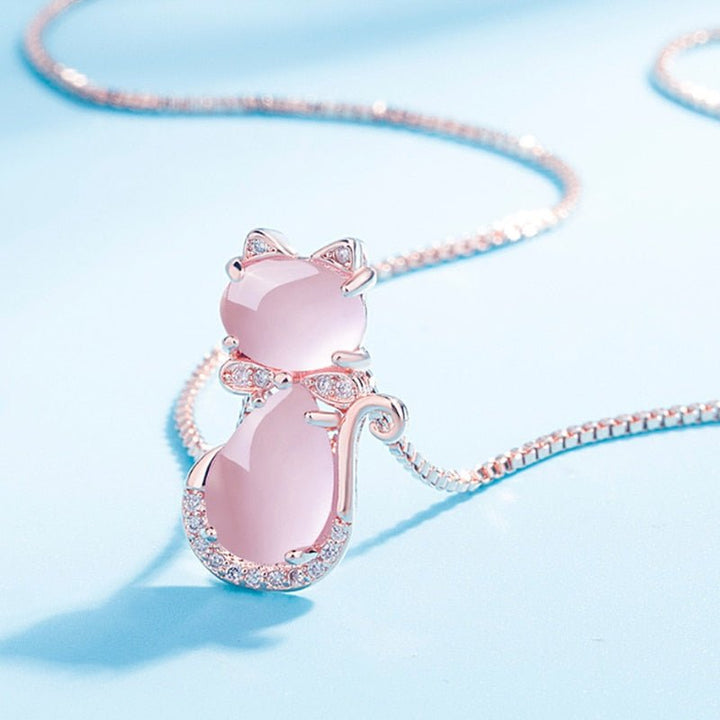 Collier de chat mignon en pierre rose avec zircon
