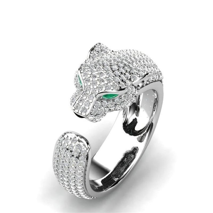 Bague Jaguar Ajustable en Argent 18K et Or Rose avec des Yeux en Zirconia Vert