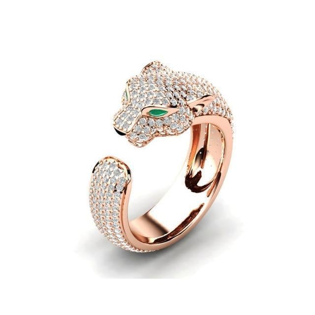 Bague Jaguar Ajustable en Argent 18K et Or Rose avec des Yeux en Zirconia Vert