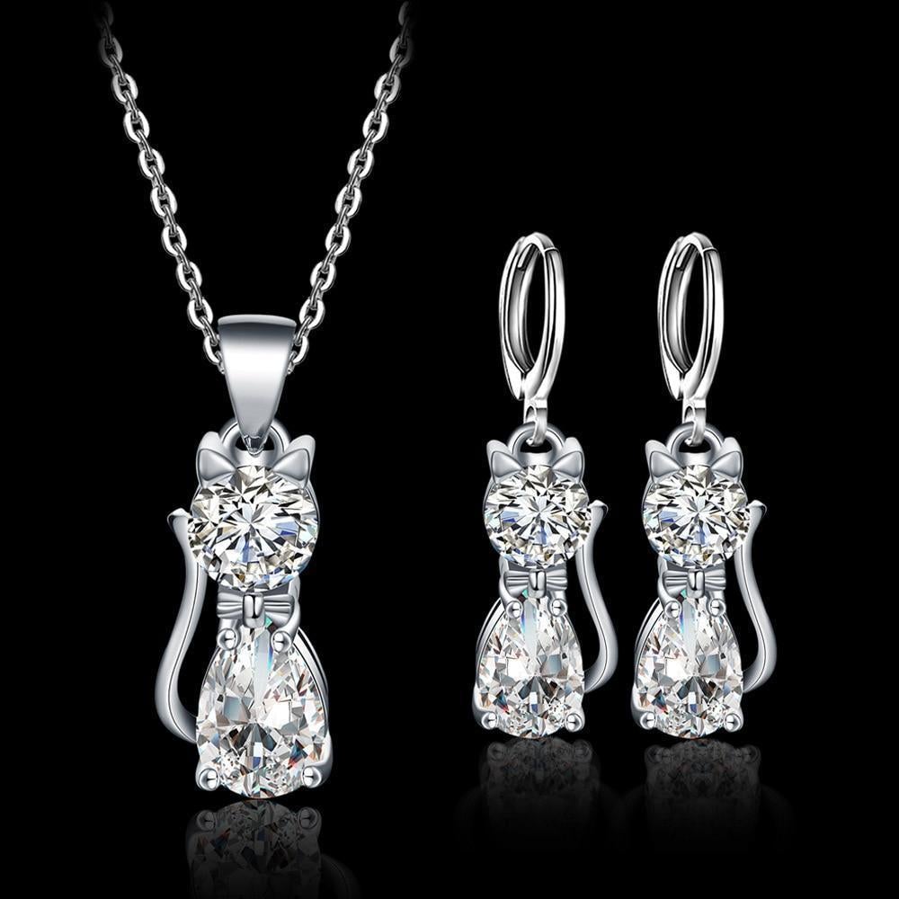 Ensemble Collier + Boucles d'Oreilles Chats Heureux en Argent Sterling et Zirconium Blanc Poli