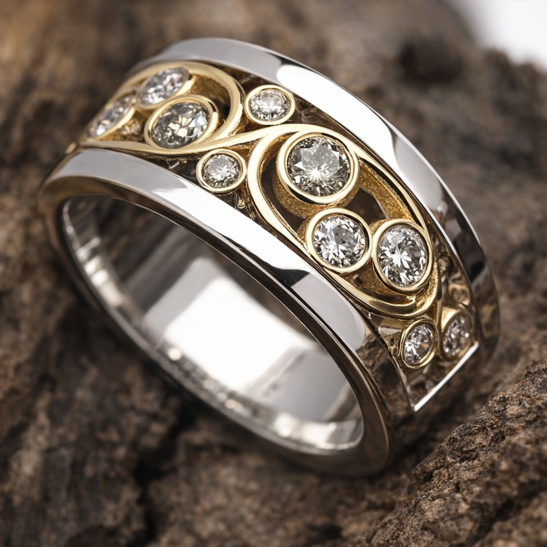 Bague Vintage en Or et Argent avec Zirconia en Forme de Lierre