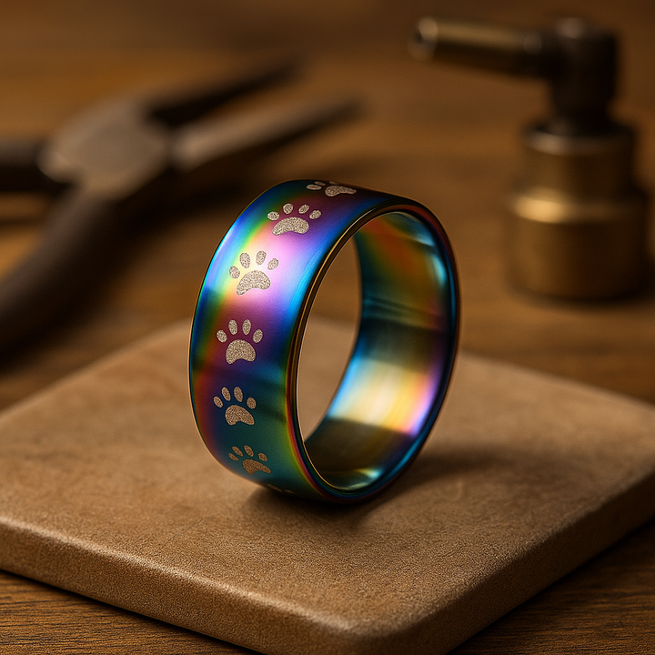 Bague en Acier Inoxydable avec Empreinte de Patte Arc-en-Ciel Fait Main