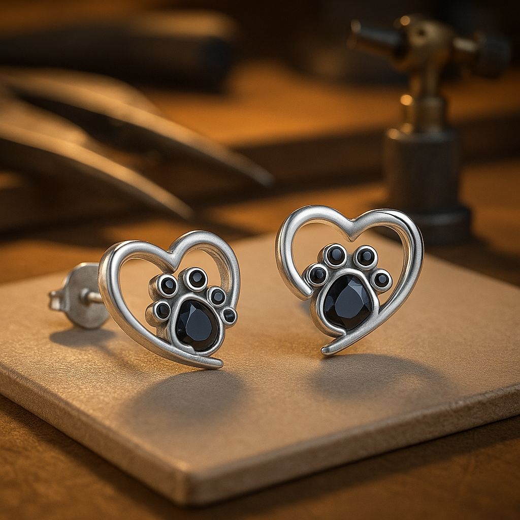 Boucles d'oreilles clou en forme de patte de cœur – Argent avec émail noir